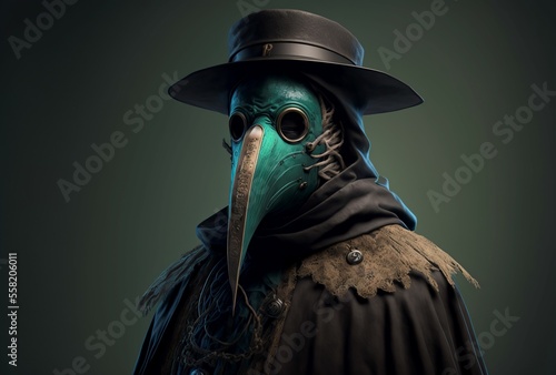 illustration, plague doctor, with protective suit used during the epidemic, 3D illustration