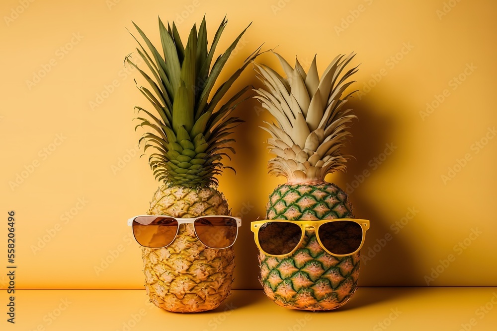 Two Funny Pineapples With Summer Sunglasses On Yellow Background Summer Scene Generative AI