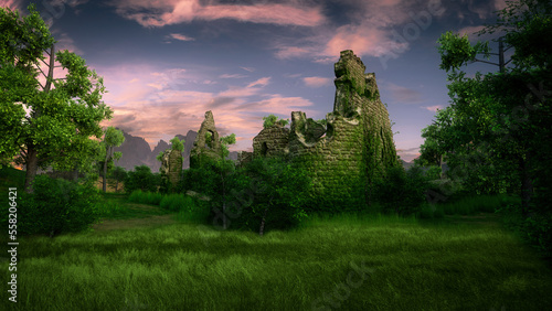 Ancient medieval castle ruins in a forest clearing. 3D rendering.