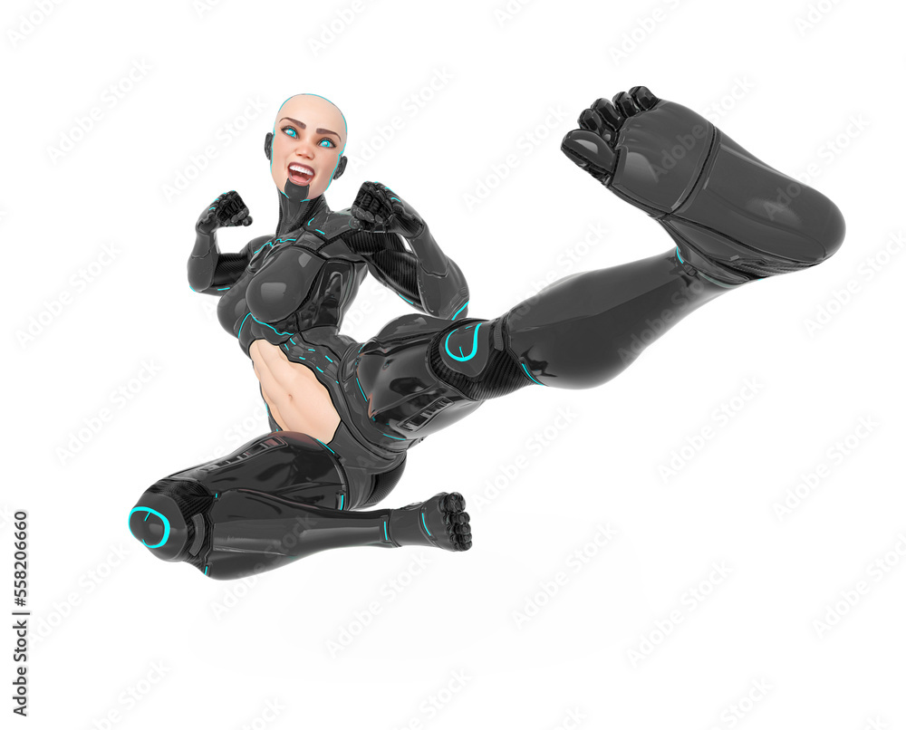 super cyborg girl is doing a jump kick super cyborg girl is doing a jump kick