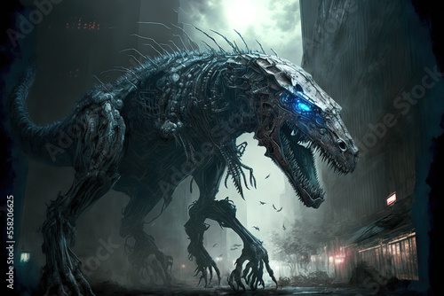 Fototapeta Naklejka Na Ścianę i Meble -  Giant robot dinosaur lizard terrorizes, 3D illustration, steal dino. Generative AI
