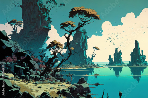 beautiful landscape with many islands, epic , concept art illustration