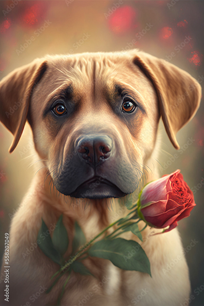 Portrait von einem süßen Hund mit einer Rose im Mund zu Valentinstag
Portrait von einem süßen Hund mit einer Rose im Mund zu Valentinstag