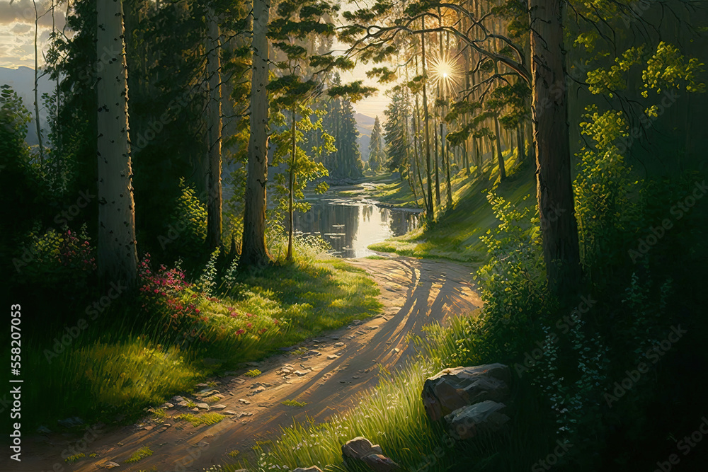 Obraz premium Sunlit path in a park before sunset , art illustration
