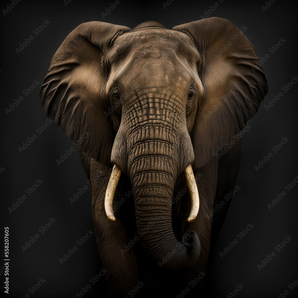 Big beautiful profile of an African grey elephant with ivory tusks walking forward on a black background. Realistic detailed, photo theme, made by AI generation.