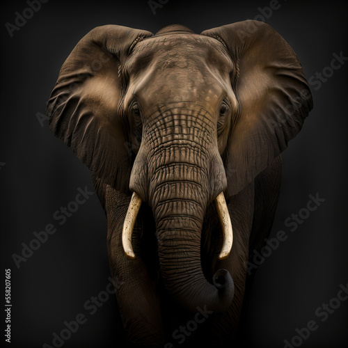 Big beautiful profile of an African grey elephant with ivory tusks walking forward on a black background. Realistic detailed, photo theme, made by AI generation.