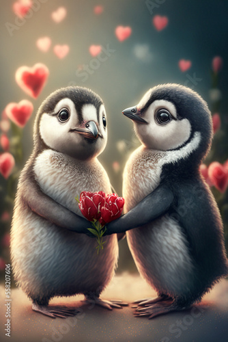 Zwei verliebte Pinguine mit Rosen zu Valentinstag