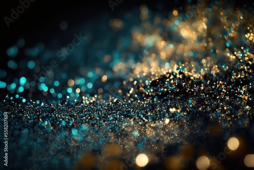 background of abstract glitter lights. blue, gold and black. defocused. banner