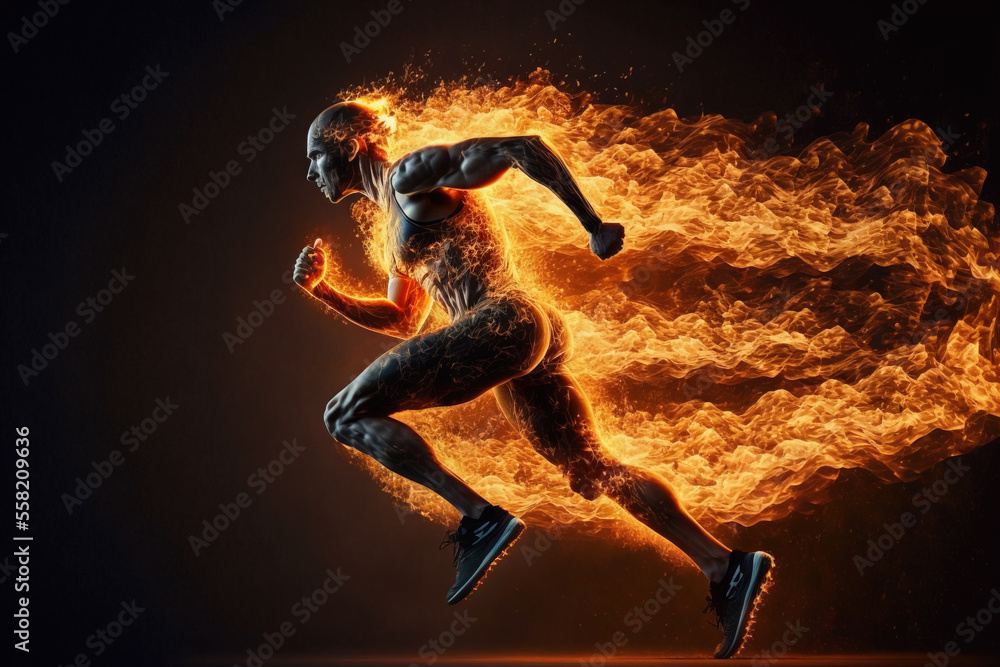 Man on fire running fast, Generative AI illustration