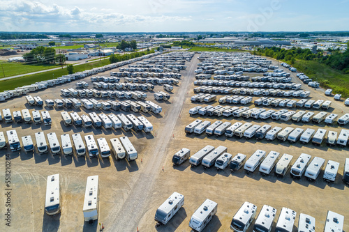 Obraz na płótnie Aerial View of Large RV Storage Lot - Camper Trailers - Manufacturing