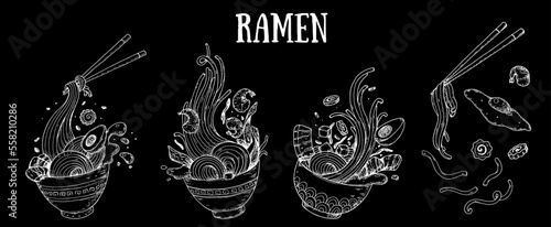 Bowl noodles and chopsticks sketch set. Noodle bowl collection. Ramen logo. Asian food. Chinese, Korean, Japanese cuisine. Logo template. Hand drawn vector illustration.