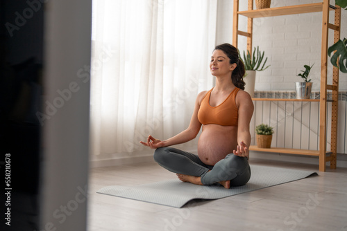 Pregnant woman practicing breathing at home. Woman is sitting on a exercise mat, looking relaxed, meditating and enjoying her time.