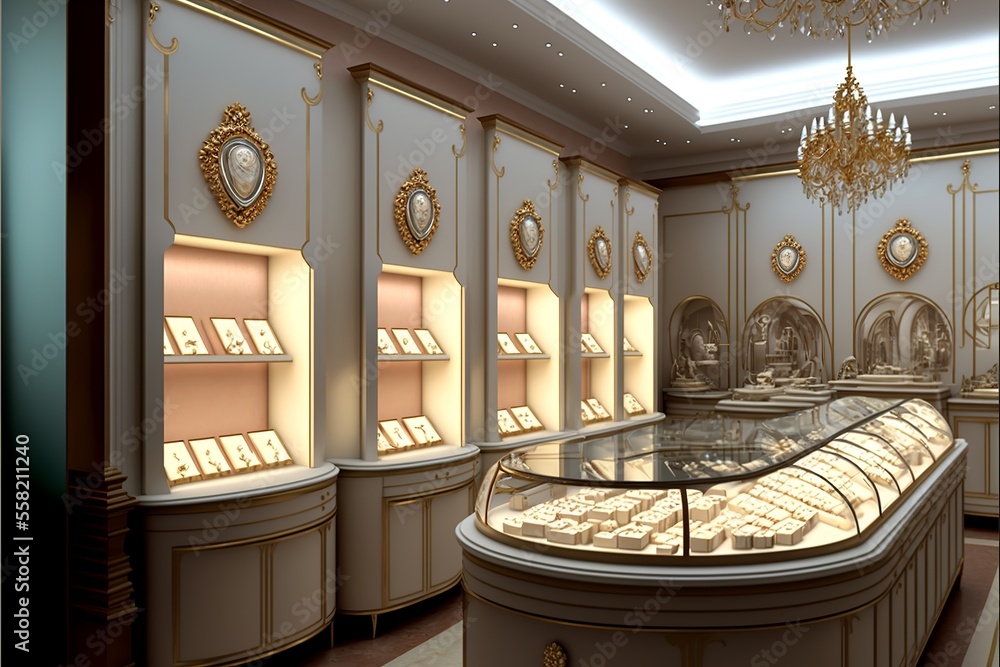 jewelry store with many women's and men's jewelry, modern style Stock