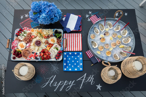 Overhead view of appetizers at Fourth of July themed outdoor party photo