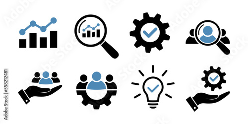 Business icon set in flat. Financial analysis, research, customer retention, process and teamwork symbols Search man, service, progress and customer care signs Black and blue business icons. Vector