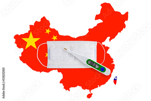 Flag of China and Taiwan with face mask and thermometer. Zero covid in China. Covid 19 outbreak in China. Transparent background. PNG file