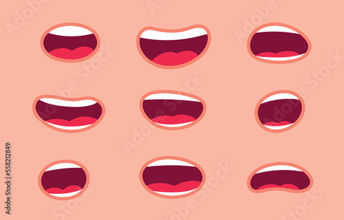 Big set of animation funny cartoon mouths with different expressions and emotions: smile, angry, laugh, surprised. Flat vector illustration