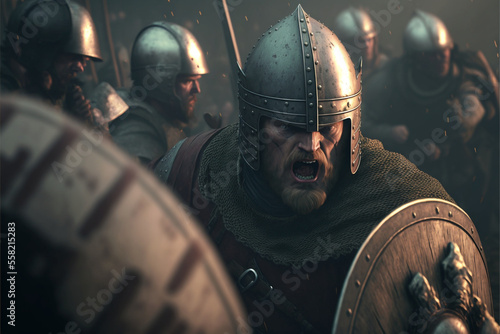 warrior during battle, emotional illustration, active battle, army, ai generated