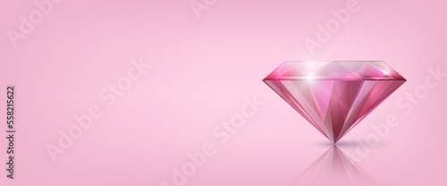 Vector Horizontal Banner with 3d Realistic Pink Transparent Triangular Glowing Gemstone, Diamond, Crystal, Rhinestone Closeup on Green Background with Reflection. Jewerly Concept. Design Template