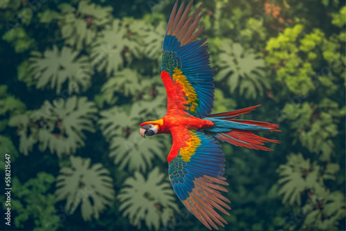 Scarlet Macaw flying over the jungle. View from top. Generative AI © Forge Spirit