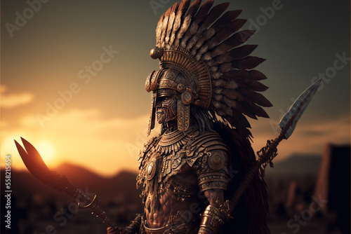 Native American portrait , Mayan warrior on sunset background, Aztec, Inca, Indian tribe man, ancient civilization, ai generated photo