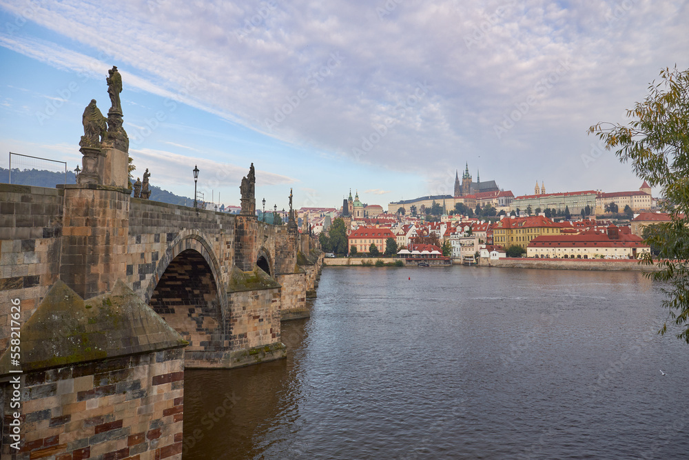 Close-up of the Charles Bridge in Prague and the cathedral in the background.
