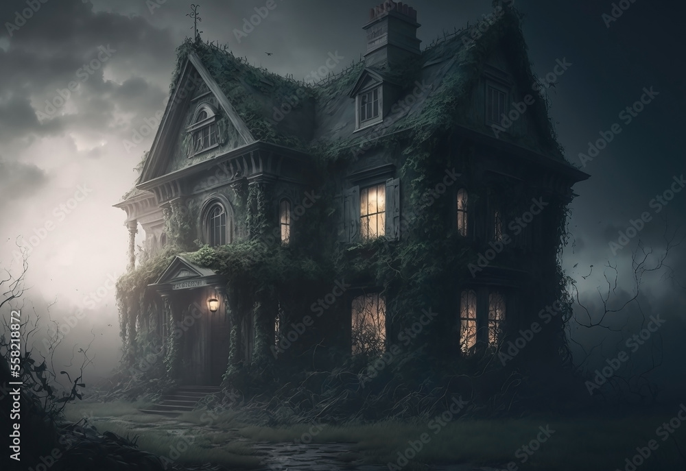 Creepy Cabin in the Forest at Night. Victorian mansion. Edwardian manor. Three story ghost house. Creepy Cabin in the Forest at Night. Victorian mansion. Edwardian manor. Three story ghost house.