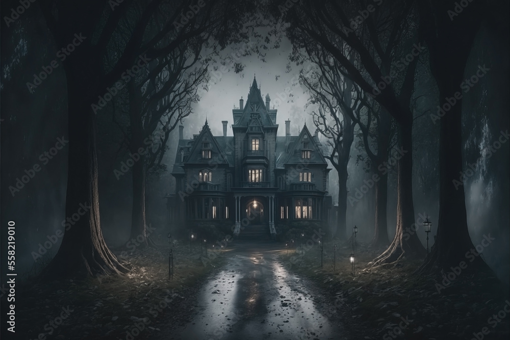 Haunted Victorian Mansion with a Small Stone Path. Edwardian mansion. misty and foggy landscape. Dark cold forest. Ghost house.