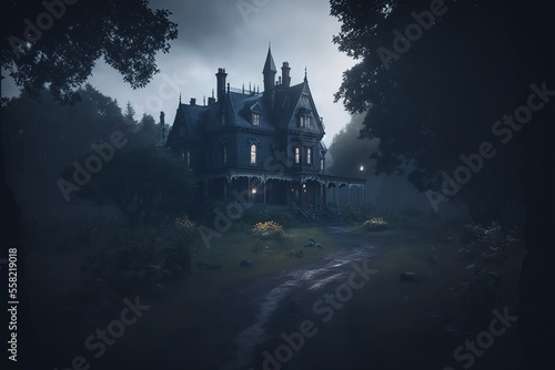 Haunted Victorian Mansion with a Small Stone Path. Horror abandoned ghost mansion concept art. Misty and foggy. © ana