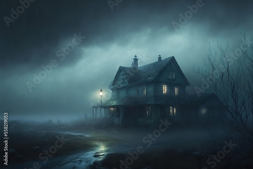 Wood cabin in a swamp. Horror spooky dark landscape. Haunted house. Rural haunted wood mansion. Cold, mist and fog weather. Stormy sky.