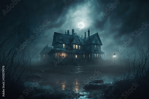 Haunted Mansion with a Foggy Foreground and Stormy Sky © ana