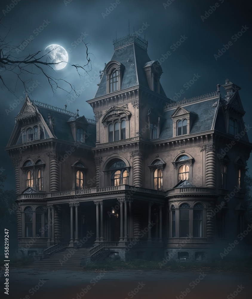 Haunted Mansion with a Stormy Sky. Full moon. Horror sky with glowing moon. Moon shining on spooky horror manor, house.