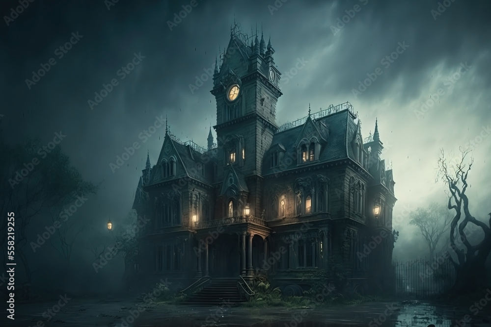 Abandoned Gothic House in the Rain. Haunted manor. Stormy gray horror sky. Mist and fog.