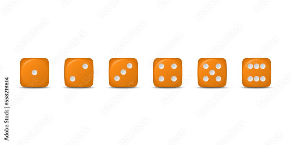 Vector 3d Realistic Orange Game Dice Icon Set Closeup Isolated. Game Cubes for Gambling, Casino Dices From One to Six Dots, Round Edges Vector 3d Realistic Orange Game Dice Icon Set Closeup Isolated. Game Cubes for Gambling, Casino Dices From One to Six Dots, Round Edges