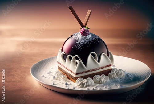 illustration close-up background of premium sweet dessert, chocolate dome cake, romantic happy time celebration idea for valentine dessert theme