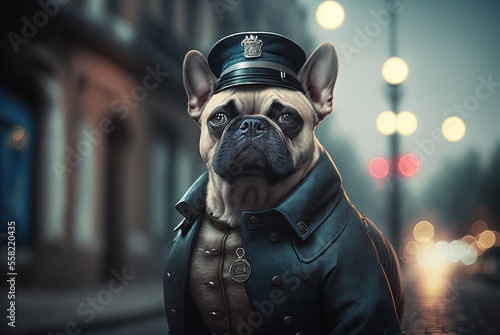 illustration of a dog wearing fashion costume or disguise as police officer theme with urban cityscape as background