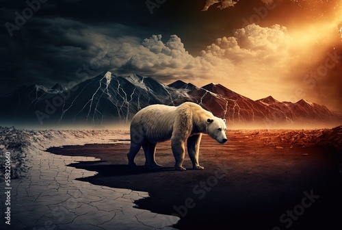 illustration concept of environmental preservation  polar bear with extreme weather half hot half cold