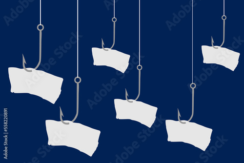 Vector illustration of a fish hook with a piece of paper attached to it with space for text or message