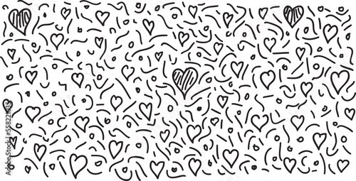 Hand drawn background from black lines. Cartoon heart, lines and dots.