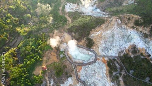 Aerial view of Sikidang Crater at Dieng Plateau, an Active Volcano Crater.  photo