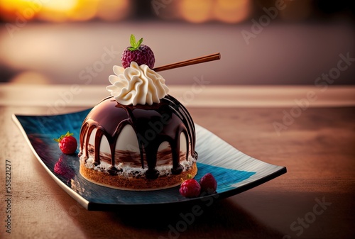 illustration of beautiful cake well garnished , premium bakery, chocolate berry dome cake 