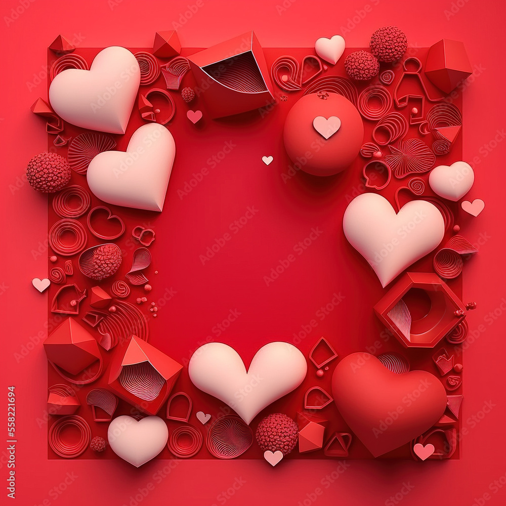 Valentines day background with gift box and red hearts. Top view. Flat lay style. - obrazy, fototapety, plakaty 