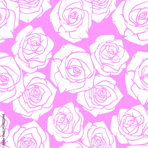 seamless graphic pattern of white silhouettes of roses on a pink background, texture, design
