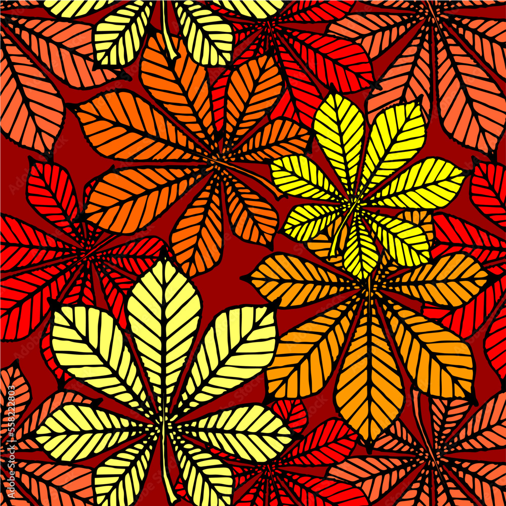 bright autumn seamless pattern of chestnut yellow and red leaves on a burgundy background, texture, design