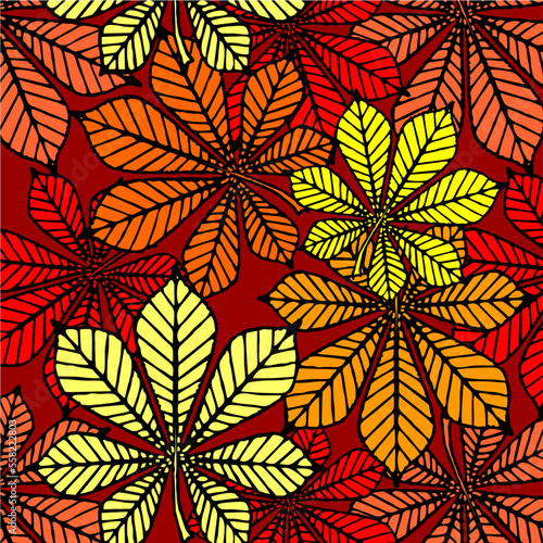 bright autumn seamless pattern of chestnut yellow and red leaves on a burgundy background  texture  design