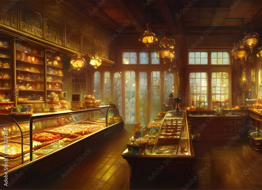 The interior of an old fashioned Delicatessen shop with products on shelves and meats and cheeses displayed on counters. generative ai illustration.
