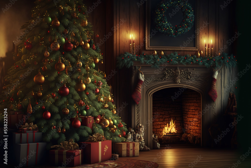 Christmas tree in a room with fireplace, gifts, candles, garlands. Decorated New Year interior. Festive atmosphere.