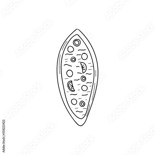 Turkish food pide doodle illustration in vector. Top view of hand drawn asian food pide icon in vector.