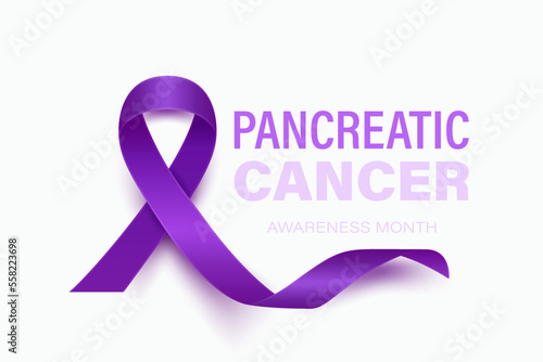 Pancreatic Cancer Banner, Card, Placard with Vector 3d Realistic Purple Ribbon on White Background. Pancreatic Cancer Awareness Month Symbol Closeup. World Pancreatic Cancer Day Concept