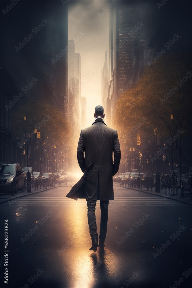 Back view of CEO businessman walking like a king down a big city street Back view of CEO businessman walking like a king down a big city street